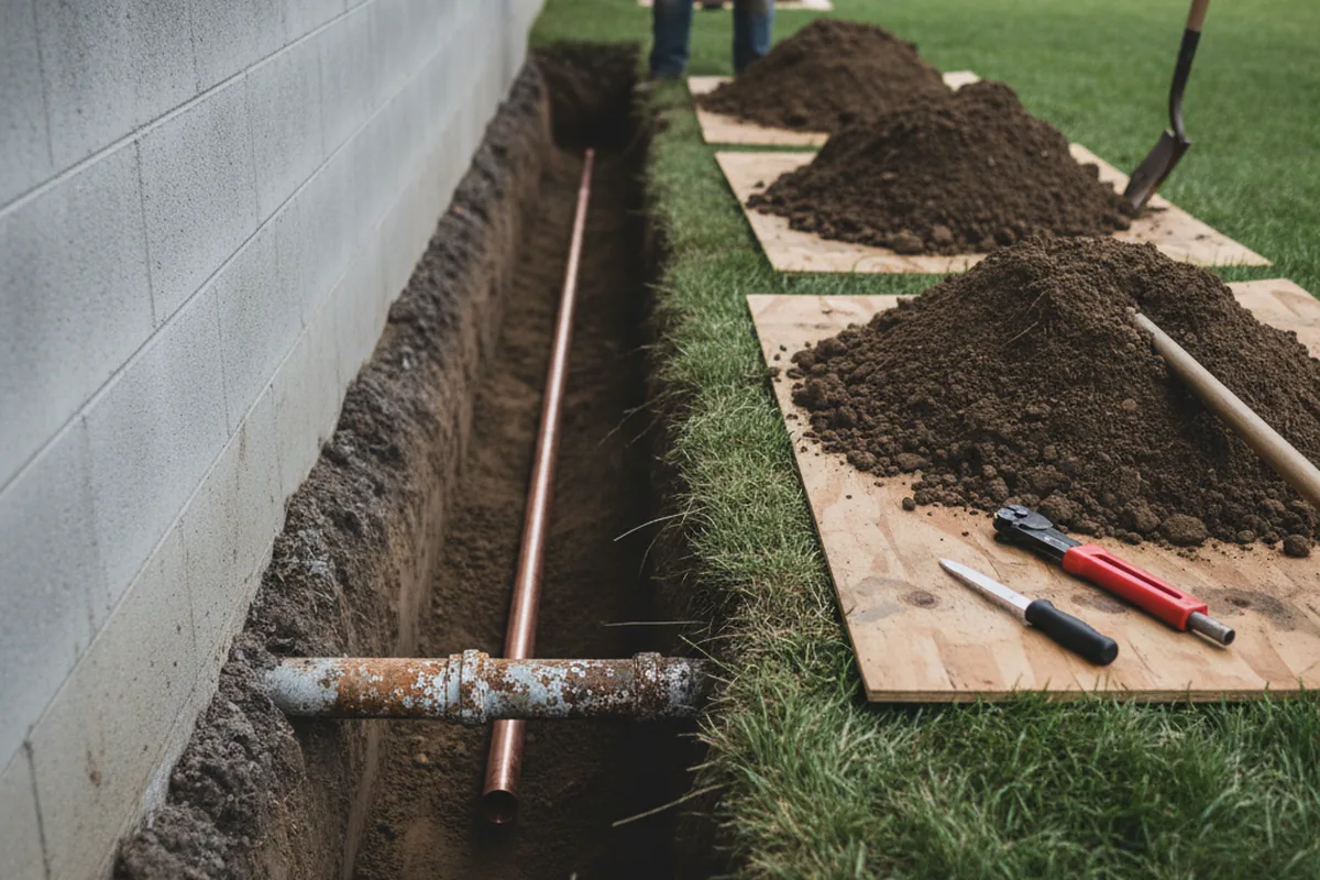 Excavated water line trench during Water Softener Installation in Gleason